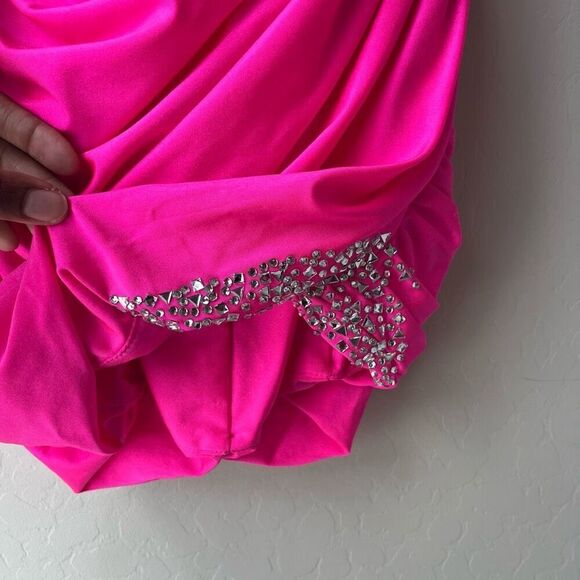 Sophia Thomas 8521 Hot Pink Ruched One Shoulder Rhinestone Cuff Mini Dress Sz 4 - Picture 6 of 9